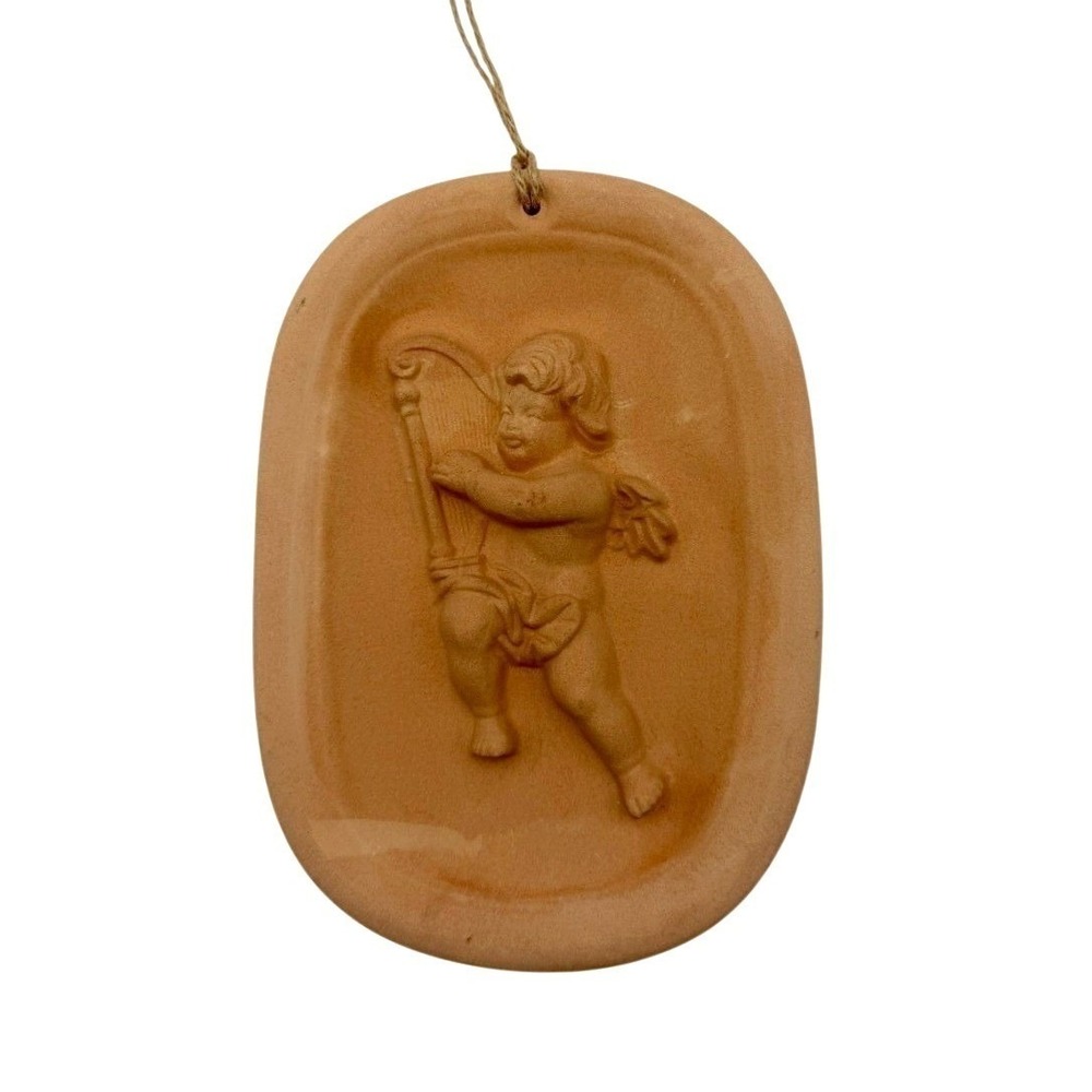 Vintage Terracotta Cherub Wall Plaque Angel Playing Harp Hanging DΓ©cor 7x5"